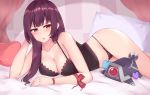  1girl absurdres bangs bare_shoulders bed bed_sheet black_camisole black_panties blunt_bangs blush bow breasts camisole cleavage collarbone curtains eyebrows_visible_through_hair girls_frontline halter_top halterneck head_rest heart heart_pillow highres hips huge_filesize indoors kuavera large_breasts long_hair looking_at_viewer lying on_bed on_side open_mouth paid_reward panties patreon_reward pillow purple_hair red_bow red_eyes red_ribbon ribbon solo thighs underwear wa2000_(girls_frontline) 