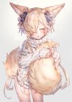  1boy animal_ears bangs bare_legs blonde_hair blush closed_eyes commentary_request contrapposto cow_boy crossdressinging dress erune fingernails food fox_ears fox_tail fruit granblue_fantasy hair_ornament hair_over_one_eye highres kou_(granblue_fantasy) large_tail long_hair looking_at_viewer one_eye_covered raspberry ribbed_sweater shigaraki_(strobe_blue) simple_background sleeves_past_wrists solo standing sweater sweater_dress tail tail_hug tongue tongue_out white_background white_sweater 