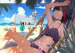  5girls arm_up armpits bang_dream! bangs bare_arms bare_shoulders beach beach_volleyball bikini black_bikini black_choker black_hair blonde_hair blue_hair blue_hawaii blue_sky blurry blurry_background breasts brown_hair choker cleavage closed_eyes clouds cloudy_sky collarbone commentary_request condensation_trail day deck_chair depth_of_field drink drinking_straw flower halterneck hand_on_own_head horizon hurricane_glass knee_up medium_breasts midair mitake_ran multicolored_hair multiple_girls nail_polish navel ocean outdoors palm_tree parted_lips plant poligon_(046) reclining red_nails redhead short_hair sidelocks sky sleeping solo_focus star stomach streaked_hair swimsuit table tree tree_shade tropical_drink volleyball volleyball_net water white_flower 