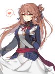  1girl blue_jacket blush brown_hair closed_mouth commentary_request dress eyebrows_visible_through_hair girls_frontline gloves green_eyes hair_between_eyes heart jacket long_hair long_sleeves looking_at_viewer m1903_springfield_(girls_frontline) neck_ribbon open_clothes open_jacket red_neckwear red_ribbon ribbon sash simple_background sketch smile solo spoken_heart terupancake twitter_username white_background white_dress white_gloves 