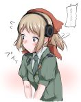  1girl bangs blonde_hair blue_eyes blush character_request closed_mouth collared_shirt copyright_request ears eyebrows_visible_through_hair green_jacket green_neckwear headphones highres jacket kerchief medium_hair military military_uniform necktie shichisaburo shirt short_sleeves sidelocks simple_background solo uniform upper_body 