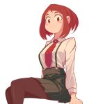  1girl blush_stickers boku_no_hero_academia brown_eyes brown_hair highres long_sleeves necktie pantyhose pleated_skirt red_neckwear sally_(luna-arts) shirt short_hair simple_background skirt smile solo uraraka_ochako white_background white_shirt 