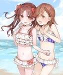  2girls :d bikini blue_sky bow brown_eyes brown_hair clouds collarbone day frilled_bikini frills groin hair_between_eyes hair_bow hand_on_another&#039;s_shoulder long_hair looking_at_viewer misaka_mikoto multiple_girls nanaheibei_3 navel ocean open_mouth outdoors purple_bikini red_bow shiny shiny_hair shirai_kuroko short_hair sky smile standing striped striped_bikini swimsuit to_aru_majutsu_no_index twintails vertical-striped_bikini vertical_stripes 