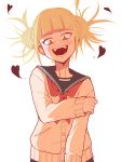  1girl bangs blonde_hair boku_no_hero_academia double_bun fangs heart highres long_sleeves open_mouth sally_(luna-arts) short_hair simple_background smile solo toga_himiko white_background yellow_eyes 
