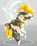  1boy 1girl 7:24 ^_^ blonde_hair checkered checkered_background closed_eyes closed_eyes detached_sleeves facing_away full_body grey_background hair_ribbon hands_on_another&#039;s_back highres hug kagamine_len kagamine_rin liquid rainbow ribbon sailor_collar shirt short_hair shorts simple_background stain teeth vocaloid white_ribbon white_shirt 