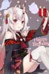  1girl arm_up fang gift hair_bun hair_ornament happy_birthday highres hololive horns japanese_clothes long_hair multicolored_hair nakiri_ayame open_mouth red_eyes simple_background sitting solo tacos_rr thigh-highs virtual_youtuber 