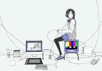  1girl black_hair black_legwear blue_footwear blue_skirt breasts cable color_bars commentary_request digital_media_player disc flat_color from_side full_body game_console grey_background grey_vest headphones holding_controller ipod keyboard_(computer) long_sleeves looking_past_viewer looking_to_the_side marker medium_breasts monitor nintendo original pantyhose rec shirt shoes short_hair simple_background sitting skirt sneakers solo sweater_vest tablet television vest vest_over_shirt white_shirt wii yokotakumi 