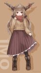  1girl :&lt; ahoge aran_sweater beige_sweater black_bow black_legwear boots bow brown_footwear brown_skirt closed_mouth drop_shadow full_body hair_bow hair_ribbon hand_up highres horn_bow ibuki_suika kagikake light_brown_background light_brown_hair long_hair long_sleeves pleated_skirt red_bow red_eyes red_scarf ribbon scarf simple_background skirt skirt_hold slit_pupils solo standing sweater symbol_commentary touhou tress_ribbon twintails twitter_username white_ribbon 