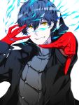  1boy amamiya_ren black_hair camui_kamui gloves highres jacket looking_at_viewer male_focus open_mouth persona persona_5 red_gloves short_hair simple_background smile solo white_background yellow_eyes 