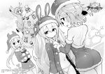  4girls :d anchor_symbol animal_costume animal_ears animal_hat antlers arm_up ass ayanami_(azur_lane) azur_lane backless_dress backless_outfit bangs bare_shoulders bell blush box bra breasts bunny_hat christmas christmas_tree closed_mouth collarbone commentary_request detached_sleeves dress dressing dutch_angle eyebrows_visible_through_hair fake_facial_hair fake_mustache food fruit fur-trimmed_dress fur-trimmed_sleeves fur_trim gift gift_box gloves grapes greyscale hair_between_eyes hat holding holding_gift hood hood_up hori_(hori_no_su) javelin_(azur_lane) ladder laffey_(azur_lane) long_hair long_sleeves looking_at_viewer looking_back medium_breasts monochrome multiple_girls navel open_clothes open_dress open_mouth panties rabbit_ears reindeer_antlers reindeer_costume sack santa_costume santa_hat sidelocks small_breasts smile sparkle standing standing_on_one_leg star sweat underwear very_long_hair z23_(azur_lane) 