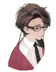  1boy black-framed_eyewear black_neckwear brown_hair closed_mouth collared_shirt copyright_request expressionless glasses jacket male_focus mo_(mocopo) necktie pink_jacket shirt solo upper_body white_shirt wing_collar 