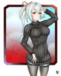  1girl black_legwear blush commentary_request fate/grand_order fate_(series) hair_ribbon kurogane_itaku long_hair looking_at_viewer pantyhose ponytail red_eyes red_ribbon ribbed_sweater ribbon short_shorts shorts silver_hair sleeves_past_wrists smile solo sweater tomoe_gozen_(fate/grand_order) white_background 