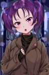  1girl bangs blurry blurry_background blush bow brown_coat brown_sweater chestnut_mouth coat depth_of_field duffel_coat earrings eyebrows_visible_through_hair gradient_hair hair_bow hand_up head_tilt highres jewelry kazuno_leah long_sleeves love_live! love_live!_sunshine!! multicolored_hair parted_bangs parted_lips purple_bow purple_hair ribbed_sweater round_teeth sleeves_past_wrists solo sweater teeth tem10 twintails upper_body upper_teeth violet_eyes 