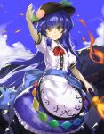  1girl arm_above_head arm_up bangs blue_hair blue_ribbon blue_sky clouds commentary dress embers fire food frilled_skirt frills fruit hair_between_eyes hat hinanawi_tenshi holding holding_weapon keystone layered_dress leaf light_smile long_hair looking_at_viewer neck_ribbon outdoors peach piyodesu puffy_short_sleeves puffy_sleeves red_eyes red_neckwear ribbon rope sash shimenawa short_sleeves skirt sky solo sword_of_hisou touhou very_long_hair weapon 