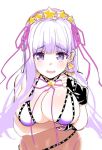  1girl :d bangs batsu bb_(fate)_(all) bb_(swimsuit_mooncancer)_(fate) bikini black_gloves blush breasts commentary_request earrings eyebrows_visible_through_hair fate/grand_order fate_(series) fingerless_gloves gloves hair_ornament hair_ribbon hairband jewelry large_breasts leaning_forward long_hair open_mouth pink_ribbon purple_bikini purple_hair ribbon simple_background smile solo star star_earrings star_hair_ornament swimsuit white_background 