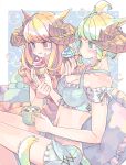  2girls :3 :p ahoge animal_ears bangs bare_shoulders blonde_hair border braid breasts cat_ears cat_tail cleavage criss-cross_halter cup cushion dress eating facial_mark final_fantasy final_fantasy_xiv food frills green_eyes green_hair halterneck heterochromia hiyo_moo holding holding_cup holding_food horns hot_chocolate large_breasts long_hair marshmallow midriff miqo&#039;te muffin multiple_girls navel short_hair shorts sitting tail tongue tongue_out twin_braids whisker_markings white_border 