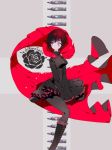  1girl black_dress boots bullet cape corset cross dress flower frilled_boots frilled_skirt frills grey_eyes pantyhose redhead rose ruby_rose rwby skirt solo 