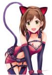  1girl :d animal_ears ass_visible_through_thighs bare_shoulders belt black_gloves blush braid breast_tattoo breasts brown_hair cat_ears cat_tail cleavage collarbone ear_piercing elbow_gloves eyebrows_visible_through_hair fang gloves green_eyes idolmaster idolmaster_cinderella_girls looking_at_viewer maekawa_miku medium_breasts nannacy7 open_mouth paw_print piercing short_hair simple_background single_braid smile solo tail tattoo thigh-highs white_background 