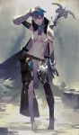  1girl armor bandage belt blue_hair bracelet cape elbow_gloves fur_trim gauntlets geolim gloves hand_on_own_head jewelry medium_hair mismatched_legwear one_eye_closed original pauldrons pouch red_eyes scabbard sheath smile staff standing tantou thigh-highs weapon weapon_on_back 