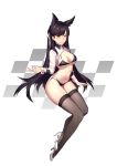  1girl absurdres animal_ears arm_support atago_(azur_lane) azur_lane bikini black_bikini black_hair breasts brown_eyes brown_legwear cleavage extra_ears full_body high_heels highres invisible_chair kid_yishoupi large_breasts logo long_hair looking_at_viewer mole mole_under_eye racequeen shrug_(clothing) sitting smile solo swimsuit thigh-highs two-tone_bikini white_background white_footwear wolf_ears wrist_cuffs 