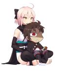  1boy 1girl :&lt; ahoge bangs bare_shoulders black_bow black_cape black_footwear black_legwear black_scarf boots bow brown_eyes brown_hair cape eyebrows_visible_through_hair fate/grand_order fate_(series) full_body grey_pants hair_between_eyes hair_bow hijikata_toshizou_(fate/grand_order) japanese_clothes kimono knee_boots kz_ripo no_shoes obi okita_souji_(fate) okita_souji_(fate)_(all) pants pink_hair ponytail red_eyes sash scarf shirt sitting sleeveless sleeveless_kimono soles stirrup_legwear thigh-highs toeless_legwear toenails triangle_mouth twitter_username v-shaped_eyebrows white_kimono white_shirt 