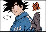  1boy =3 black_border black_eyes black_hair border close-up coat dragging dragon_ball dragon_ball_super dragon_ball_super_broly face gloves hand_up happy looking_to_the_side male_focus salute short_hair simple_background smile son_gokuu spiky_hair translation_request upper_body white_background winter_clothes winter_coat 