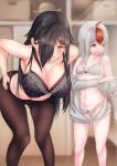  2girls asymmetrical_bangs bangs black_bow black_hair black_legwear black_panties blurry blurry_background borrowed_character bow bow_bra bow_panties bra breasts brown_eyes cleavage closed_mouth commentary_request depth_of_field eyebrows_visible_through_hair eyes_visible_through_hair gluteal_fold hair_over_one_eye highres indoors lace lace-trimmed_bra large_breasts leaning_forward legs light_frown light_particles locker locker_room long_hair looking_at_viewer maruhitarou multicolored_hair multiple_girls navel obasan_(hello_nuppe) off_shoulder open_clothes open_shirt original panties pantyhose pantyhose_pull pulled_by_self redhead silver_hair small_breasts smile soboro_(hello_nuppe) standing two-tone_hair underwear underwear_only undressing unzipped white_bra white_panties yellow_eyes zipper 