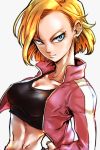 1girl android_18 blonde_hair blue_eyes breasts dragon_ball dragon_ball_super earrings expressionless eyelashes floating_hair jacket jewelry looking_away pink_jacket serious short_hair simple_background solo sports_bra sportswear st62svnexilf2p9 stomach striped upper_body vertical-striped_jacket vertical_stripes white_background 