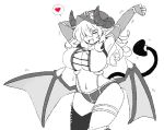  1girl :d breasts closed_eyes commentary_request demon_girl demon_horns demon_tail demon_wings earrings elbow_gloves gloves greyscale hair_over_one_eye heart horns huge_breasts jewelry latenight legband long_hair low_wings monochrome monster_girl_encyclopedia motion_lines navel one_eye_covered open_mouth panties pointy_ears round_teeth single_thighhigh smile solo spoken_heart spot_color standing stretch succubus_(monster_girl_encyclopedia) tail teeth thigh-highs underwear wings 