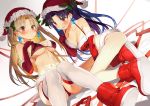  2girls arm_support armpit_crease ass bangs bare_shoulders bikini black_hair black_ribbon blonde_hair blush boots breasts christmas cleavage closed_mouth collarbone commentary_request earrings elbow_gloves embarrassed ereshkigal_(fate/grand_order) fate/grand_order fate_(series) frown fur_trim furrowed_eyebrows gloves glowing green_ribbon hair_ribbon hand_up hat ishtar_(fate/grand_order) jewelry large_breasts long_legs looking_at_viewer matsui_hiroaki medium_breasts multiple_girls navel one_side_up parted_bangs parted_lips red_bikini red_eyes red_gloves red_hat ribbon santa_boots santa_costume santa_hat sitting stomach swimsuit thigh-highs thighs two_side_up v-shaped_eyebrows white_legwear 