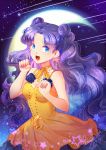  1girl :d bishoujo_senshi_sailor_moon blue_eyes blue_flower blue_rose breasts choker cleavage collarbone crescent crescent_earrings crescent_moon curly_hair dress earrings fang floating_hair flower jewelry kaminary long_hair looking_at_viewer luna_(sailor_moon) medium_breasts moon open_mouth purple_hair ribbon ribbon_choker rose signature sky sleeveless sleeveless_dress smile solo standing star_(sky) starry_sky very_long_hair yellow_dress yellow_ribbon 