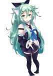  animal_ears bangs black_legwear black_ribbon black_skirt blue_neckwear blue_ribbon blush cat_ears detached_sleeves eyebrows_visible_through_hair green_eyes green_hair hair_between_eyes hair_flaps hair_ornament hair_ribbon hairclip highres izumo_ayuka kantai_collection long_hair looking_at_viewer neckerchief open_mouth parted_bangs pleated_skirt remodel_(kantai_collection) ribbon school_uniform serafuku sidelocks simple_background skirt thigh-highs white_background yamakaze_(kantai_collection) 