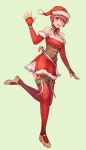  artist_name candy candy_cane elbow_gloves est fingerless_gloves fire_emblem fire_emblem:_mystery_of_the_emblem food full_body fur_trim gloves green_background hat highres leg_up nintendo open_mouth pink_hair pom_pom_(clothes) red_eyes red_gloves red_hat red_legwear santa_costume santa_hat short_hair simple_background spiffydc thigh-highs zettai_ryouiki 