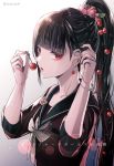  1girl bangs black_hair black_sailor_collar blunt_bangs bracelet collarbone dangan_ronpa earrings eyebrows_visible_through_hair food fruit grey_neckwear hair_ornament hand_in_hair harukawa_maki high_ponytail holding holding_food holding_fruit jewelry long_hair nail_polish new_dangan_ronpa_v3 red_eyes red_nails red_shirt sailor_collar shirt solo twitter_username upper_body very_long_hair z-epto_(chat-noir86) 