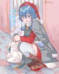  1girl az_toride blue_eyes blue_hair boots breath brown_footwear can commentary_request door dress gotland_(kantai_collection) grey_coat hair_bun hat kantai_collection long_hair looking_at_viewer mole mole_under_eye red_dress sack santa_hat solo squatting thigh-highs translated white_legwear 