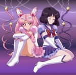  2girls between_legs bishoujo_senshi_sailor_moon black_hair boots bow bowtie circlet closed_eyes crossed_arms double_bun earrings full_body hand_between_legs high_heel_boots high_heels highres jewelry knee_boots layered_skirt leg_up long_hair looking_to_the_side miniskirt moon-realm multiple_girls pink_hair pink_sailor_collar pink_skirt purple_background purple_sailor_collar purple_skirt red_bow red_eyes red_neckwear sailor_chibi_moon sailor_collar sailor_saturn shiny shiny_hair shirt short_hair short_sleeves sitting skirt smile star star_earrings wariza white_footwear white_shirt 