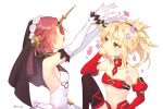  2girls arms_up bandeau bangs bare_shoulders blonde_hair braid breasts brown_eyes closed_mouth cola detached_sleeves dress eyebrows_visible_through_hair fate/apocrypha fate/grand_order fate_(series) flower frankenstein&#039;s_monster_(fate) gloves green_eyes hair_between_eyes hair_flower hair_ornament hair_scrunchie juliet_sleeves kz_ripo long_hair long_sleeves looking_at_another mordred_(fate) mordred_(fate)_(all) multiple_girls navel pink_flower pink_hair ponytail profile puffy_sleeves purple_flower red_bandeau red_scrunchie red_sleeves scrunchie sidelocks simple_background sitting sleeveless sleeveless_dress small_breasts white_background white_dress white_gloves yellow_flower 