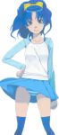  1girl akinbo_(hyouka_fuyou) arm_behind_back blue_eyes blue_hair blue_legwear blue_skirt blue_sleeves bow collarbone hair_bow hand_on_hip highres kirakira_precure_a_la_mode long_hair long_sleeves looking_at_viewer miniskirt panties precure shiny shiny_hair shirt simple_background skirt skirt_lift solo standing striped striped_panties tategami_aoi thigh-highs underwear white_background white_shirt wind wind_lift yellow_bow 