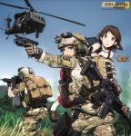  3girls action aircraft ammunition armor assault_rifle bag blonde_hair blue_eyes boots brown_eyes brown_hair camouflage carrying_over_shoulder glasses glock gloves gun handgun headband heckler_&amp;_koch helicopter helmet highres hk416 holding holding_gun holding_weapon load_bearing_vest looking_at_viewer m4_carbine magazine_(weapon) military military_operator military_uniform military_vehicle multiple_girls ocp_(camo) original person_carrying rifle short_hair soldier stuffed_animal stuffed_toy tantu_(tc1995) teddy_bear uh-60_blackhawk uniform us_air_force watch watch weapon weapon_on_back 