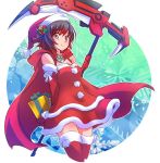  1girl black_hair cape christmas flower fur_trim gift gloves gradient_hair grey_eyes hat highres iesupa multicolored_hair red_cape red_gloves redhead rose ruby_rose rwby santa_costume santa_hat scythe short_hair solo two-tone_hair 