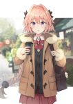  1boy astolfo_(fate) bag black_bow black_jacket blush bow braid brown_coat coat coffee coffee_cup commentary_request cup disposable_cup fang fate/apocrypha fate_(series) fur_coat fur_trim hair_intakes highres hippogriff jacket kusumoto_touka long_braid looking_at_viewer male_focus messenger_bag multicolored_hair open_mouth pink_hair red_bow red_skirt shirt shoulder_bag single_braid skirt solo streaked_hair trap violet_eyes white_shirt 
