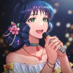  1girl :d bare_shoulders blue_hair brk choker choujikuu_yousai_macross collarbone dark_background flower green_eyes hair_flower hair_ornament hands_up holding holding_microphone jewelry looking_at_viewer lynn_minmay macross macross:_do_you_remember_love? medium_hair microphone necklace open_mouth smile solo upper_body 