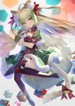  1girl :o ahoge animal_ears arm_belt atalanta_(fate) bell black_footwear blonde_hair boots box commentary_request fang fate/grand_order fate_(series) fur_trim gift gift_box gradient_hair green_eyes green_hair highres long_hair looking_at_viewer mittens miyuki_ruria multicolored_hair pom_pom_(clothes) puffy_short_sleeves puffy_sleeves sack short_sleeves solo tail tail_bell thigh-highs thigh_boots 