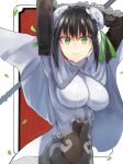  1girl arms_up bangs black_gloves black_hair bodysuit breasts bun_cover cape chinese_clothes commentary_request confetti double_bun elbow_gloves eyebrows_visible_through_hair eyeshadow fate/grand_order fate_(series) gloves green_eyes green_ribbon hair_ribbon holding holding_weapon kasuka_(kusuki) large_breasts looking_at_viewer makeup polearm qin_liangyu_(fate) ribbon short_hair smile solo spear taut_clothes upper_body weapon white_background white_cape 