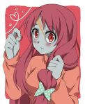  1girl blush bow breasts eyebrows_visible_through_hair forehead_scar hair_ornament hand_in_hair heart hoshiyoruno long_hair long_sleeves minamoto_sakura polka_dot red_eyes redhead scar solo sweater zombie zombie_land_saga 