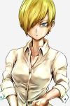  1girl alternate_hairstyle android_18 arms_at_sides blonde_hair blue_eyes breasts dragon_ball dragonball_z earrings expressionless grey_background hair_over_one_eye jewelry long_sleeves shirt short_hair simple_background solo st62svnexilf2p9 upper_body white_shirt 