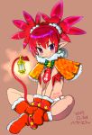 1girl bikini blush boots christmas demon_tail disgaea etna gloves hekaton lantern legs_crossed pointy_ears prehensile_tail red_eyes redhead santa_boots santa_costume santa_gloves smile solo swimsuit tail