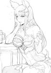  1girl animal_ears armor bare_shoulders blush breasts cleavage commentary_request deras drunk elbow_gloves erune eyebrows_visible_through_hair gloves granblue_fantasy greyscale hair_ornament head_rest korwa large_breasts long_hair looking_at_viewer monochrome parted_lips smile solo table thigh-highs 