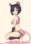  1girl :d absurdres animal_ear_fluff animal_ears artist_name bare_shoulders barefoot black_fur black_hair boyshorts breasts commentary commission crouching dellu_(geenemous) fang from_side full_body fur hair_over_one_eye highres large_mouse_(monster_girl_encyclopedia) looking_at_viewer medium_breasts monster_girl_encyclopedia mouse_ears mouse_girl mouse_tail open_mouth original ovosh147 short_hair simple_background smile solo sports_bra squatting tail teeth tiptoes violet_eyes 