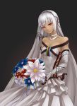  1girl altera_(fate) bare_shoulders black_background black_nails bouquet bridal_veil bride dark_skin dress fate/extella fate/extra fate/grand_order fate_(series) flower frilled_dress frills full_body_tattoo head_tilt highres hoodier jewelry looking_at_viewer nail_polish necklace red_eyes short_hair solo tattoo veil wedding_dress white_dress white_hair 